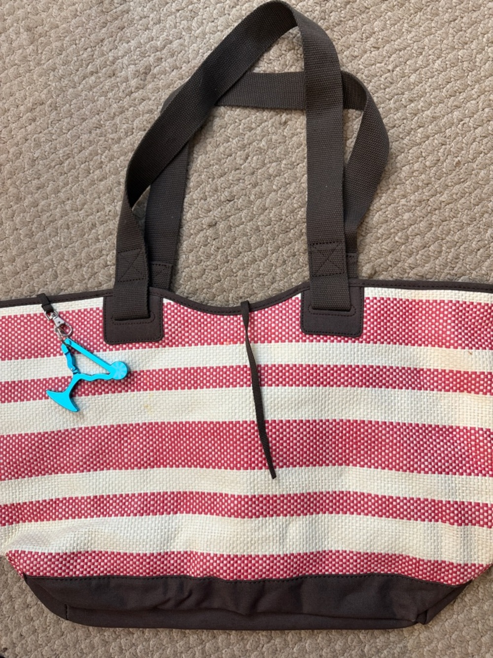 Striped Pink and White thirty-one beach Tote Bag with Dark Handles